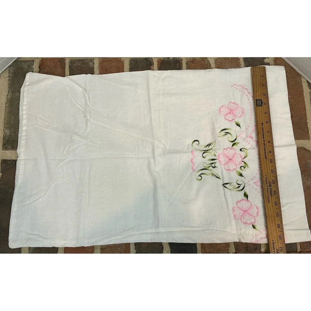 2 Vintage Standard Cotton Pillowcases Hand Embroidered Pink Flowers Rose & Pansy
